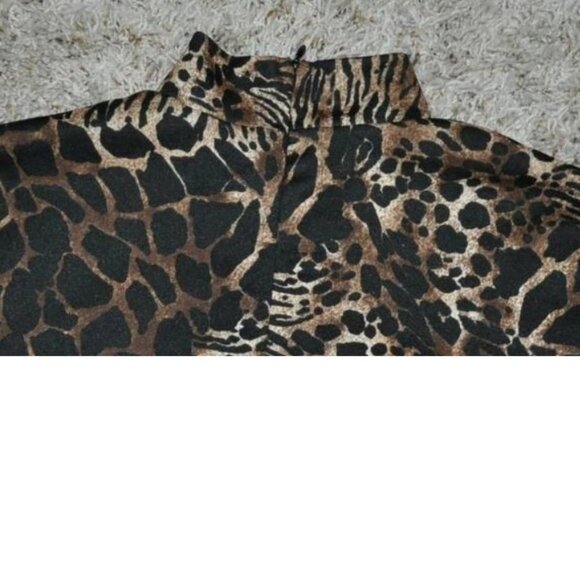 Womens Blouse Brown Leopard Medium Rafael High Zip Neck Short Sleeve Shirt - Picture 2 of 3